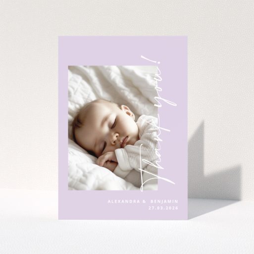 Baby thank you card with sleeping baby photo on lavender background