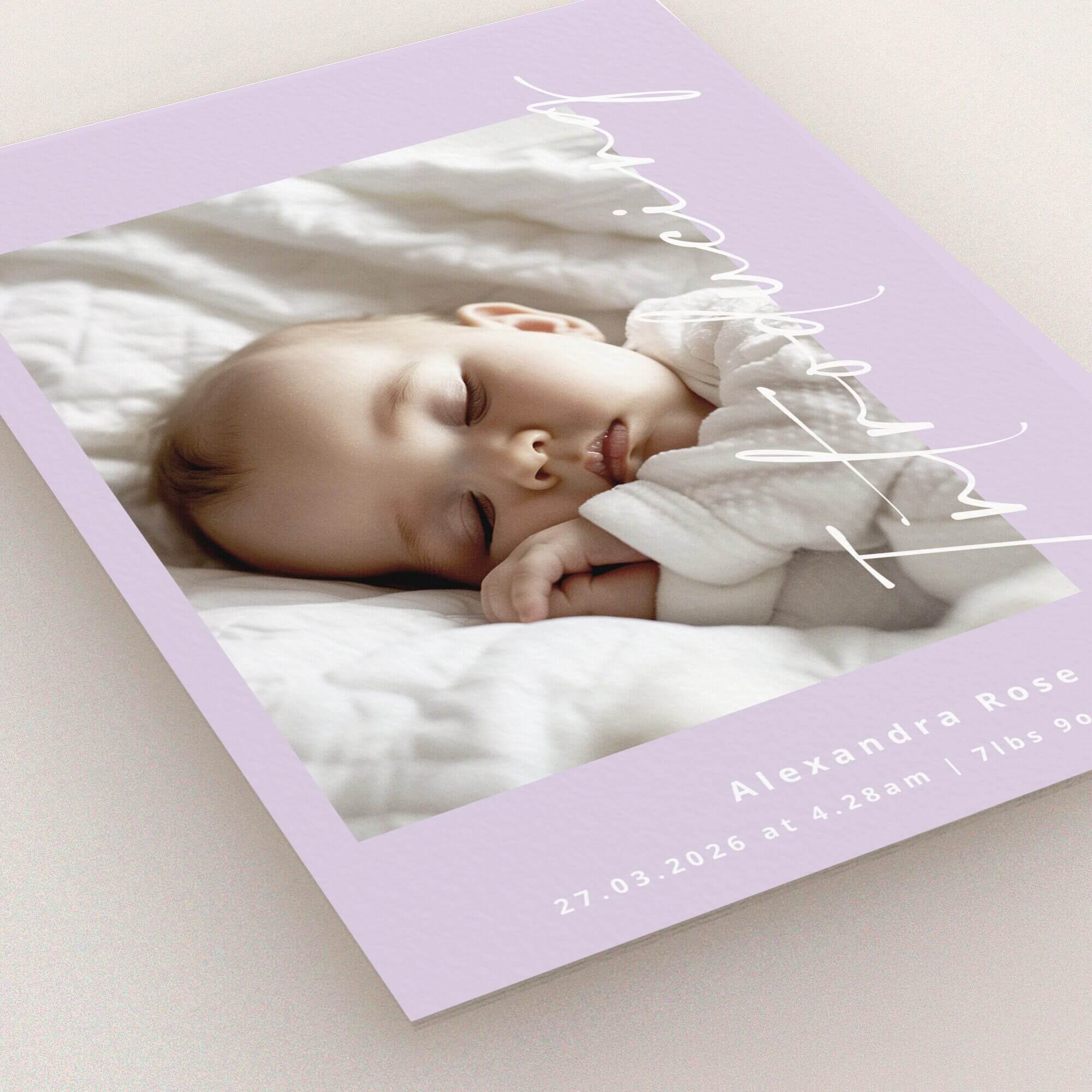 Elegant birth announcement card design with one photo featuring a sleeping baby on a lilac background.