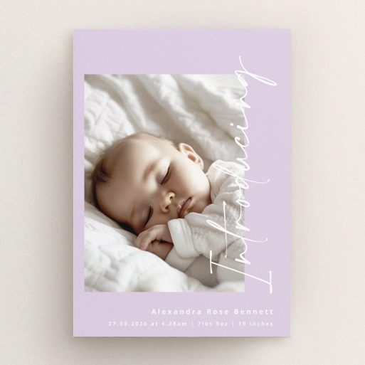 Elegant birth announcement card design with one photo featuring a sleeping baby on a lilac background.