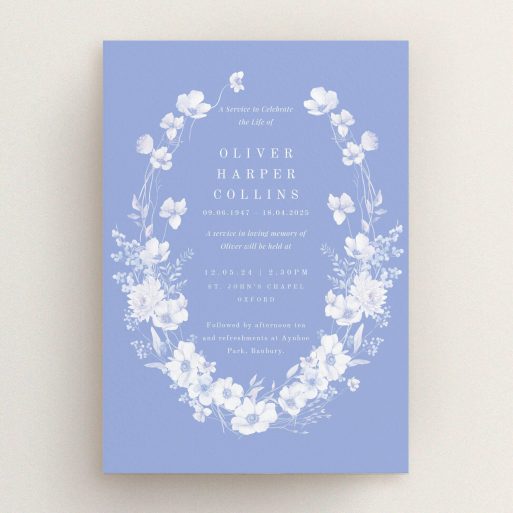 Floral funeral announcement design with blue background, featuring two white floral illustrations.