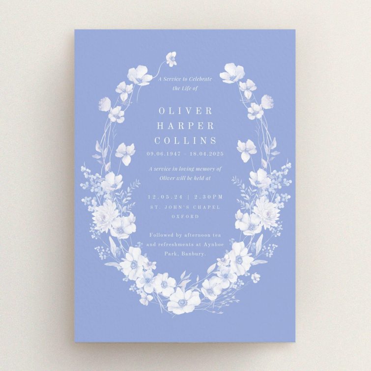 Floral funeral announcement design with blue background, featuring two white floral illustrations.