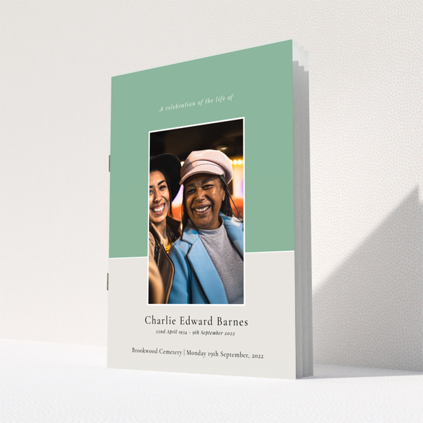Funeral order of service program design with appreciation text and one photo on the back page named Portrait