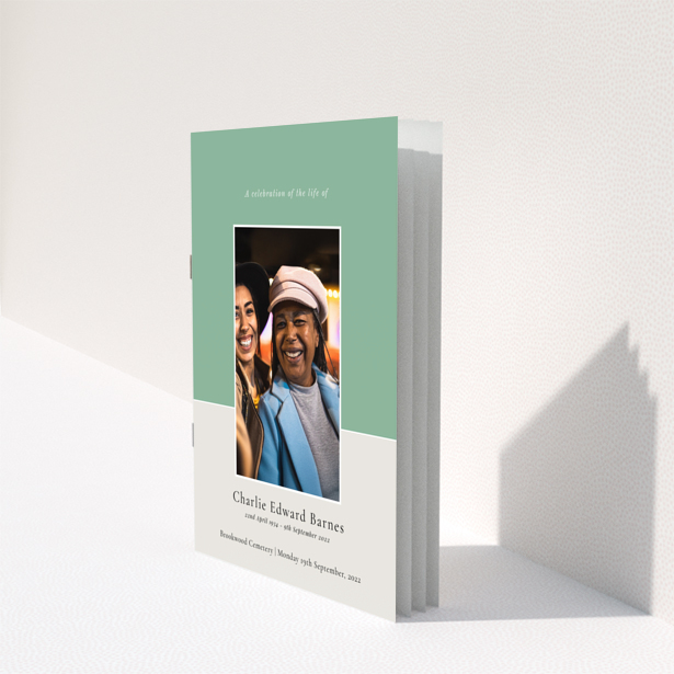 Funeral order of service program design with appreciation text and one photo on the back page named Portrait