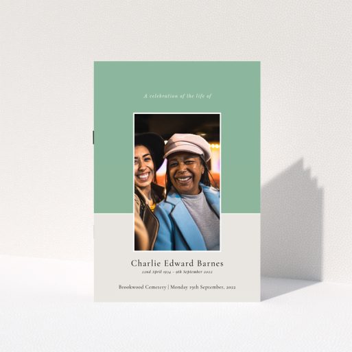 Front cover of a personalised funeral order of service program featuring one photo.