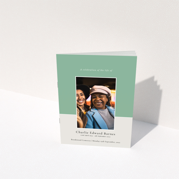 Funeral order of service program design with appreciation text and one photo on the back page named Portrait