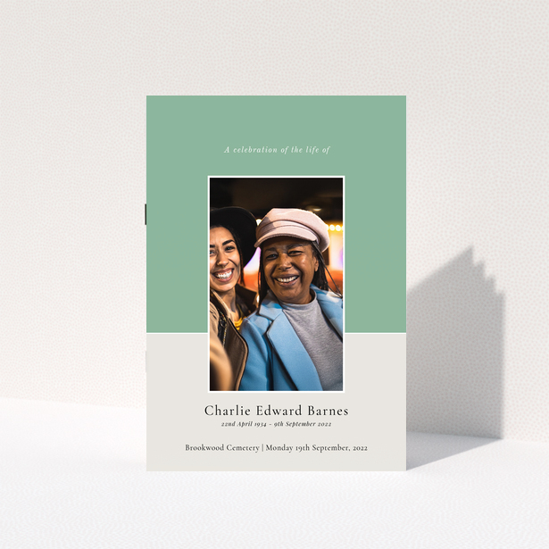 Front cover of a personalised funeral order of service program featuring one photo.
