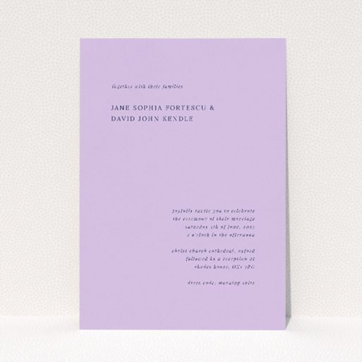 "Lavender Hill Classic wedding invitation featuring soft lavender hue and elegant dark typography against a serene backdrop, evoking timeless grace and modern minimalism for a subtly charming celebration.". This is a view of the front