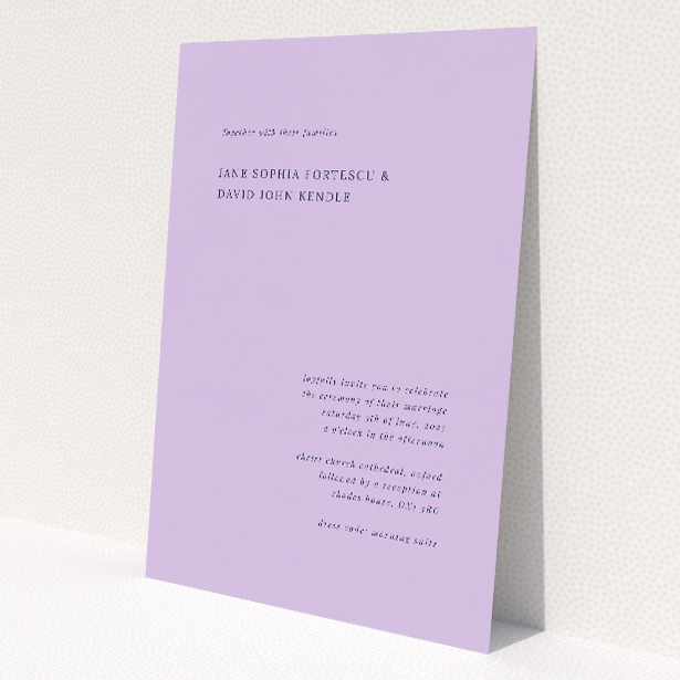 'Lavender Hill Classic wedding invitation featuring soft lavender hue and elegant dark typography against a serene backdrop, evoking timeless grace and modern minimalism for a subtly charming celebration.'. This is a view of the front
