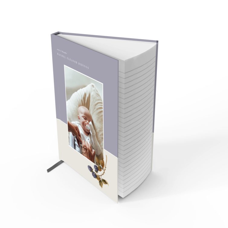 Purple and cream personalised notebook design with one photo, ideal for custom printed gifts.