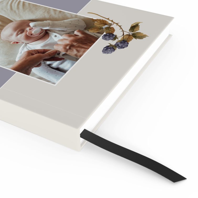 Purple and cream personalised notebook design with one photo, ideal for custom printed gifts.