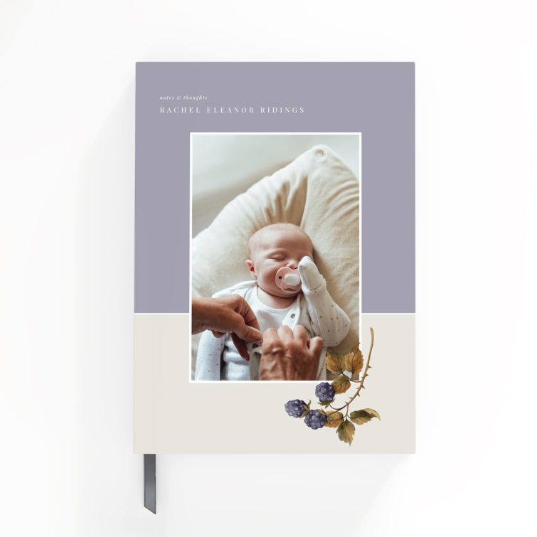 Purple and cream personalised notebook design with one photo, ideal for custom printed gifts.