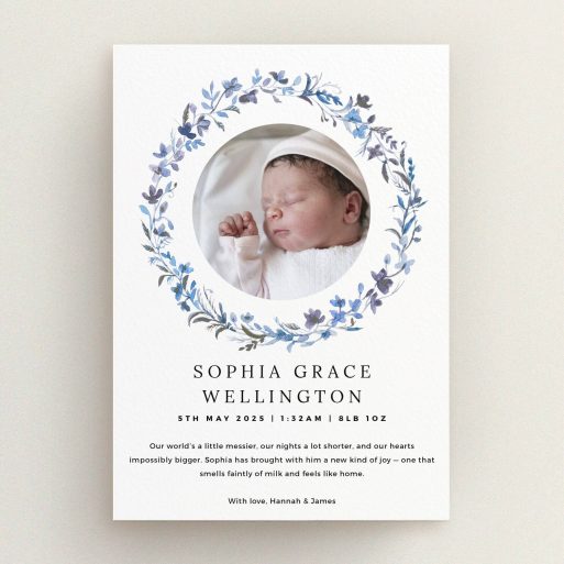 Floral birth announcement card design with one photo of a newborn baby.