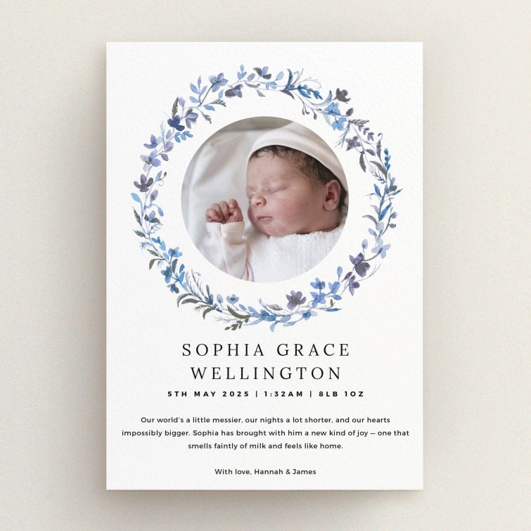 Floral birth announcement card design with one photo of a newborn baby.