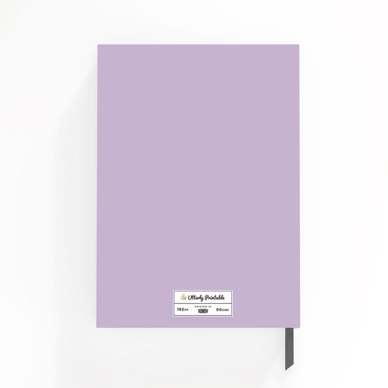 Purple full cover spread design for personalised portrait notebook from Utterly Printable, featuring one placeholder photo.