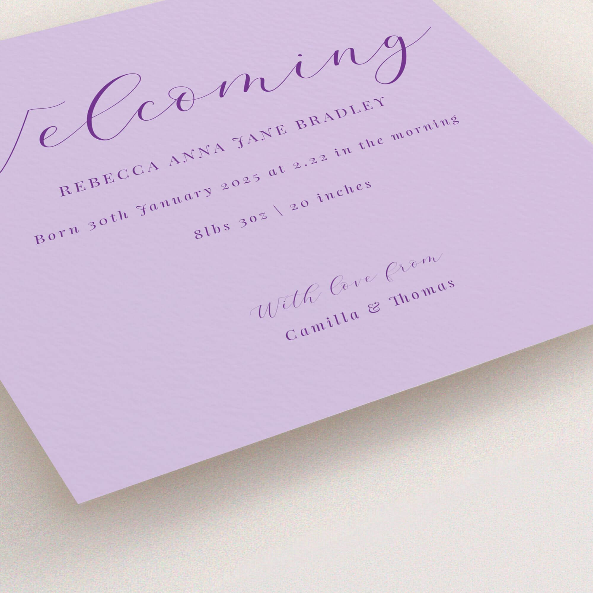 Elegant purple birth announcement card design with decorative text and no photos.