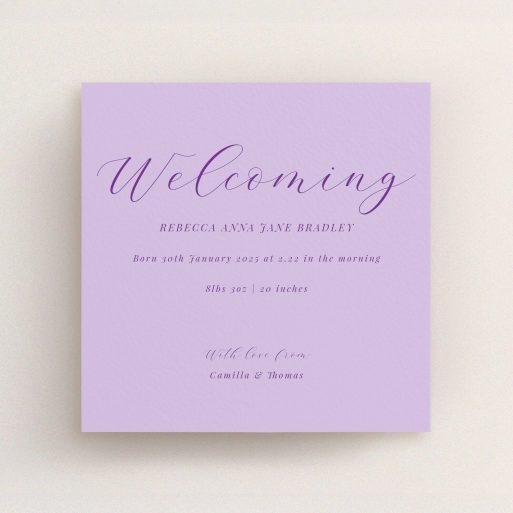 Elegant purple birth announcement card design with decorative text and no photos.