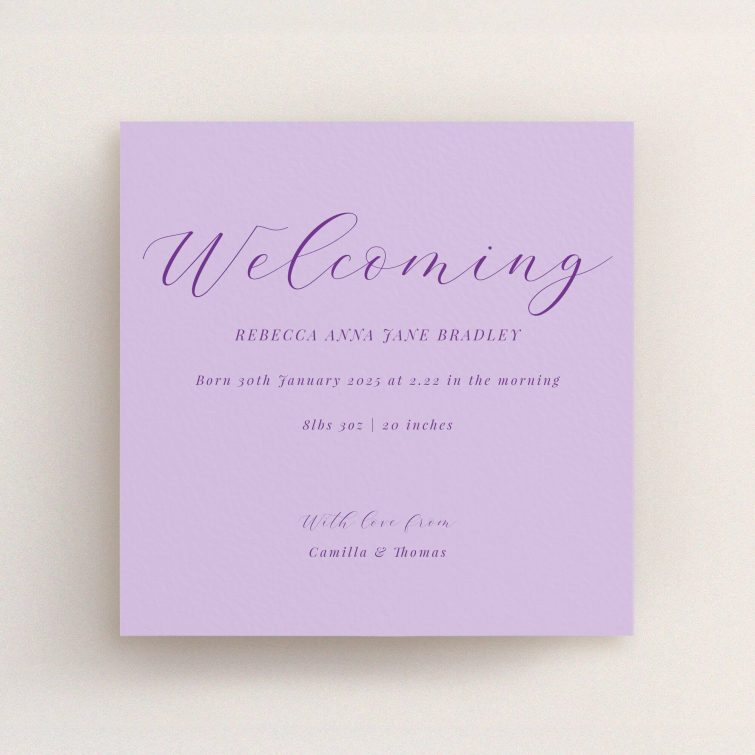 Elegant purple birth announcement card design with decorative text and no photos.