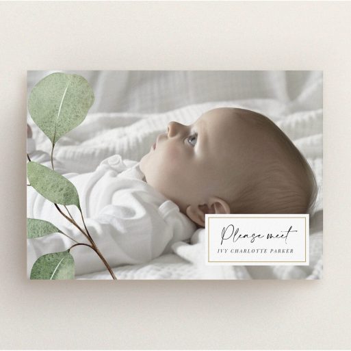 Birth announcement card featuring a minimalist design with one photo of a baby and botanical elements.