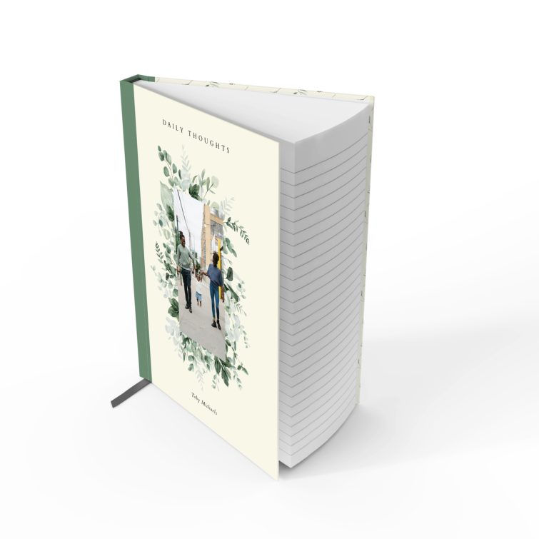 Floral green-themed notebooks cover design with one photo on the front, featuring portrait orientation for personalised printing by Utterly Printable.