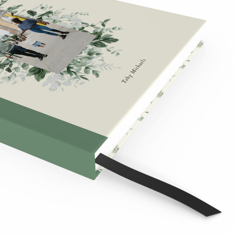 Floral green-themed notebooks cover design with one photo on the front, featuring portrait orientation for personalised printing by Utterly Printable.