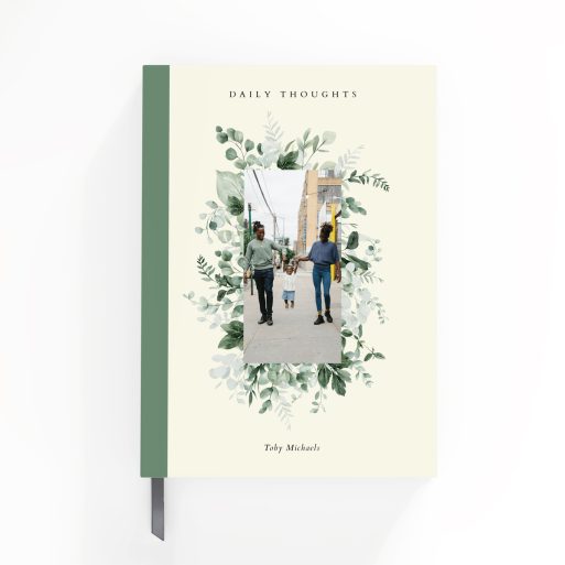 Floral green-themed notebooks cover design with one photo on the front, featuring portrait orientation for personalised printing by Utterly Printable.