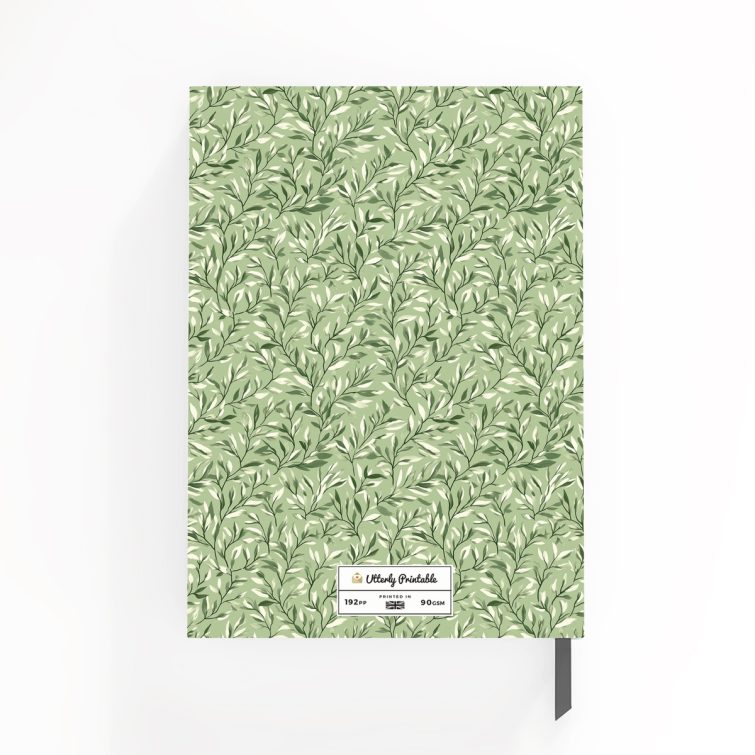 Personalised green leaf pattern notebook design with one photo on front cover from Utterly Printable.