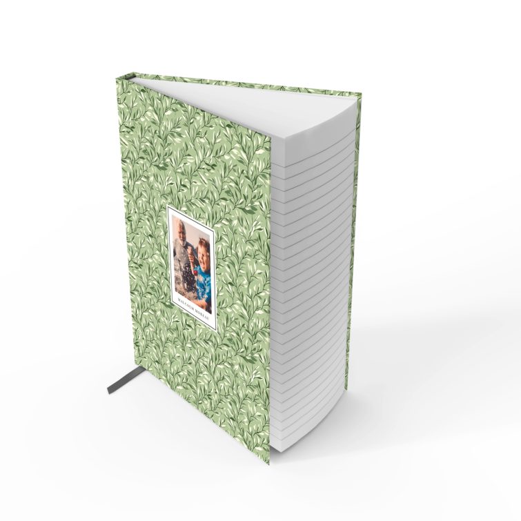 Personalised green leaf pattern notebook design with one photo on front cover from Utterly Printable.