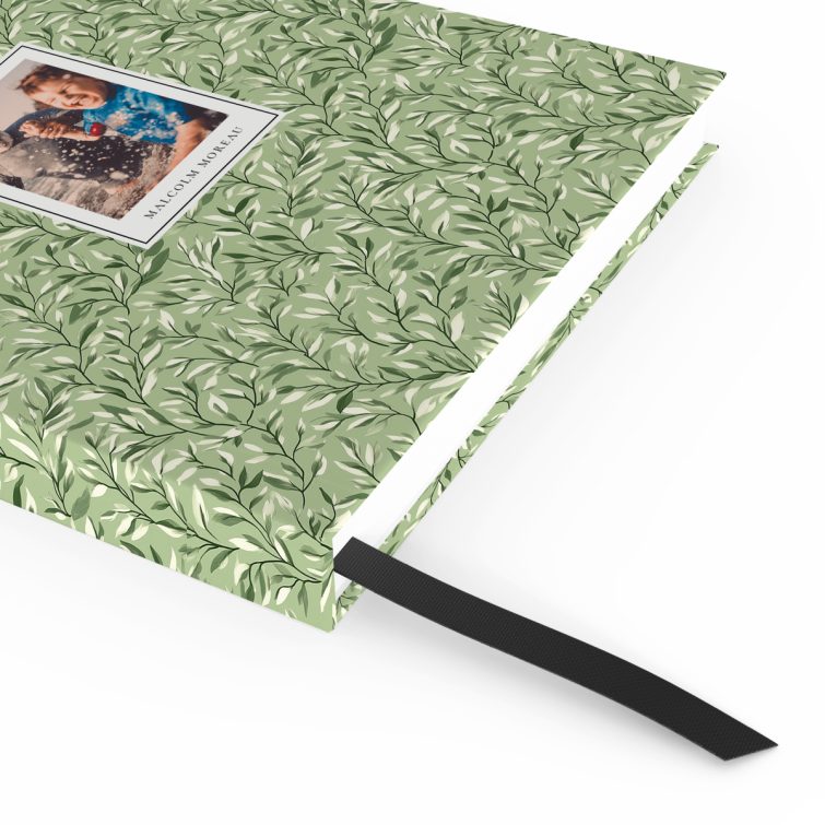 Personalised green leaf pattern notebook design with one photo on front cover from Utterly Printable.