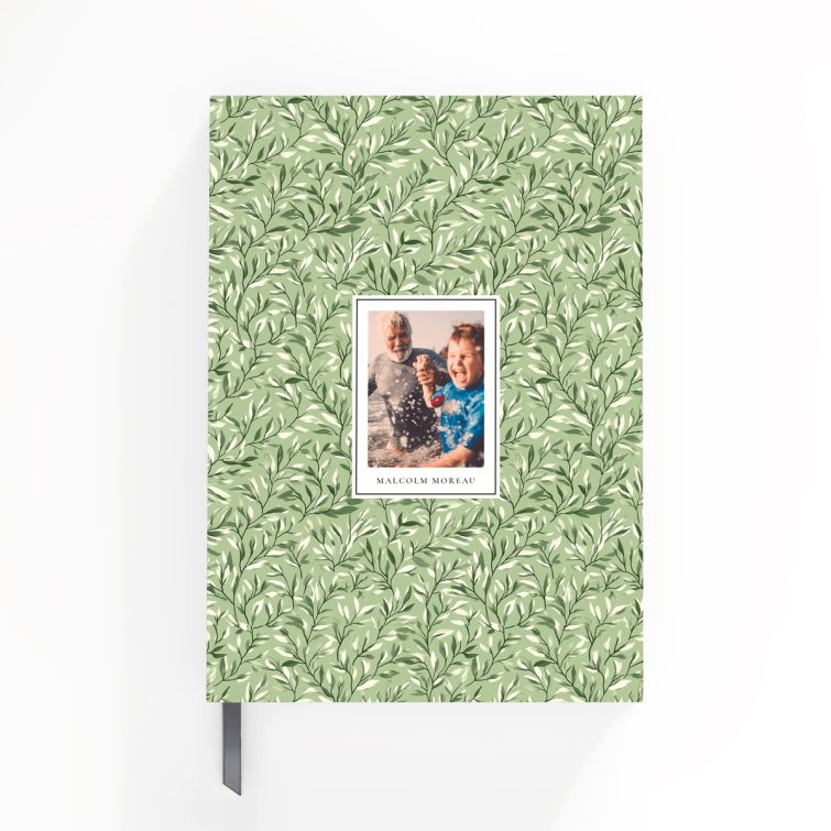 Personalised green leaf pattern notebook design with one photo on front cover from Utterly Printable.