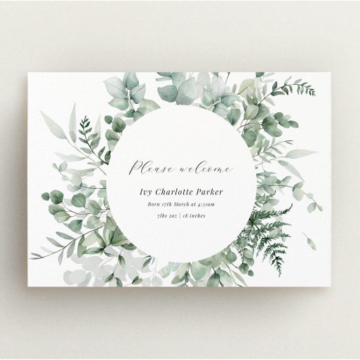 Elegant floral birth announcement card design with leafy wreath and personalised text
