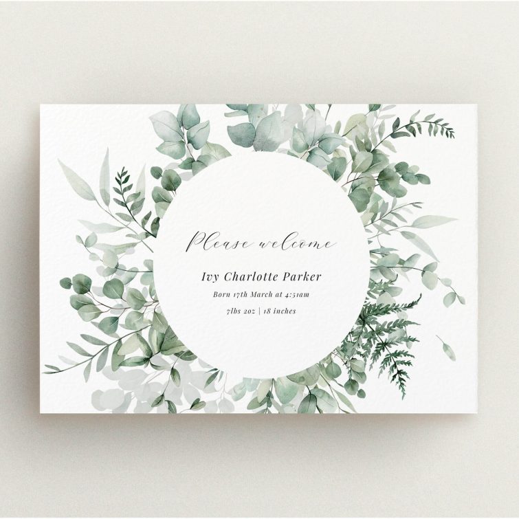 Elegant floral birth announcement card design with leafy wreath and personalised text