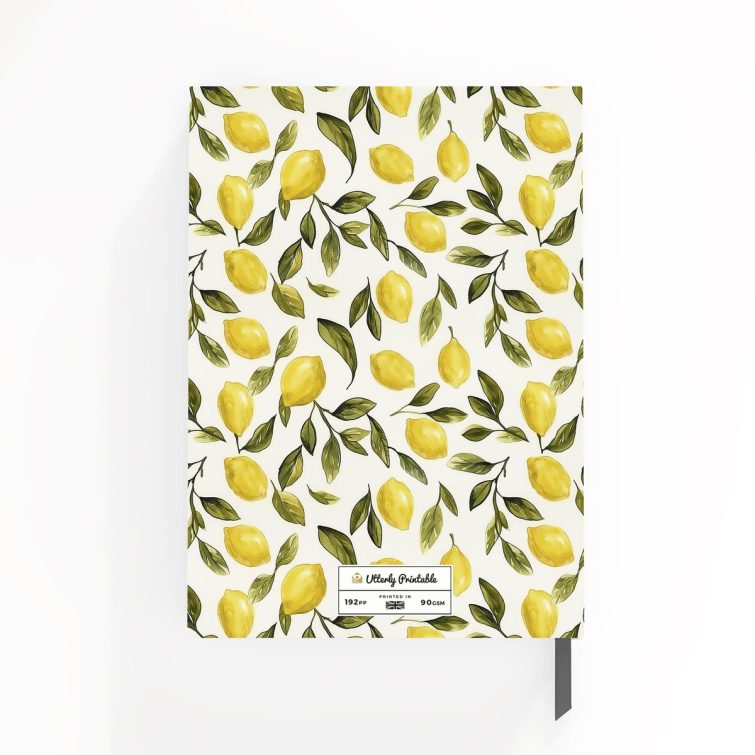 Lemon-themed design for personalised notebooks with vivid yellow lemons on the cover, no photos included.