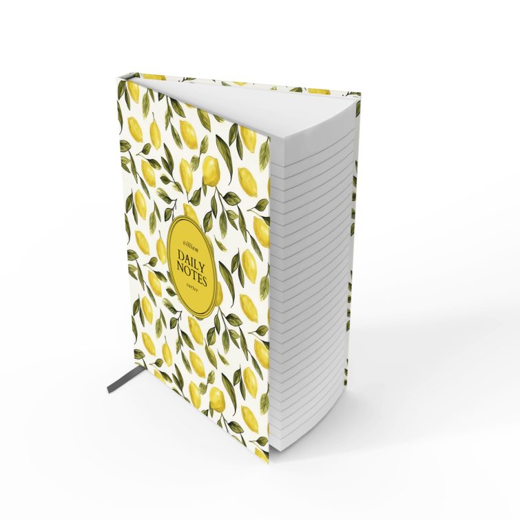 Lemon-themed design for personalised notebooks with vivid yellow lemons on the cover, no photos included.