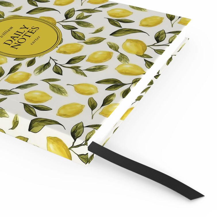 Lemon-themed design for personalised notebooks with vivid yellow lemons on the cover, no photos included.