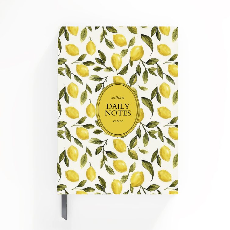 Lemon-themed design for personalised notebooks with vivid yellow lemons on the cover, no photos included.