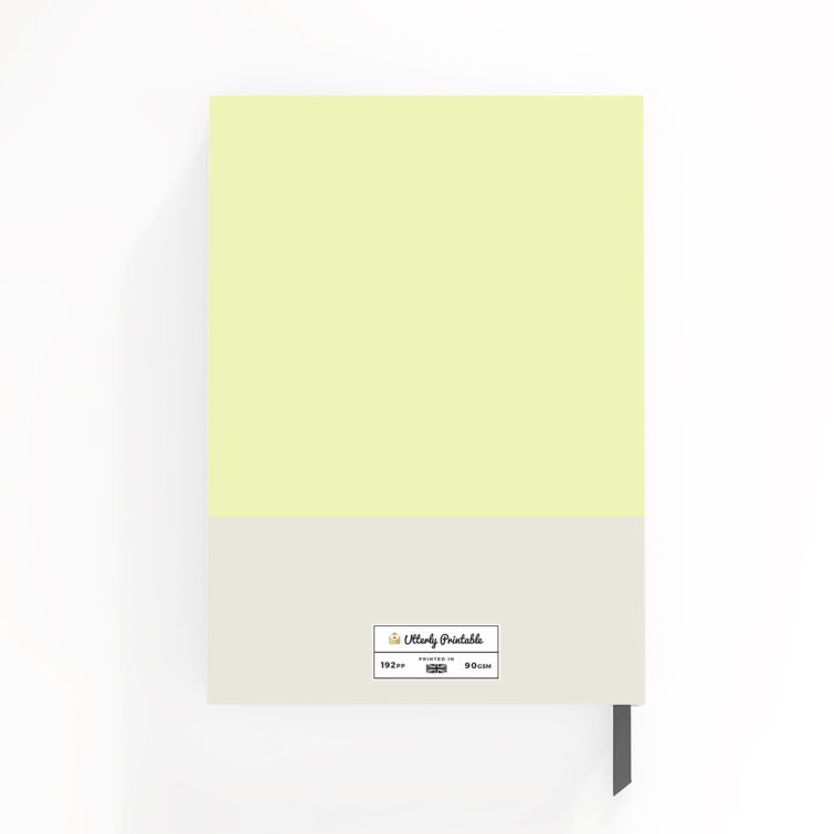 Elegant portrait notebook cover design by Utterly Printable, featuring personalised text, with no photos.