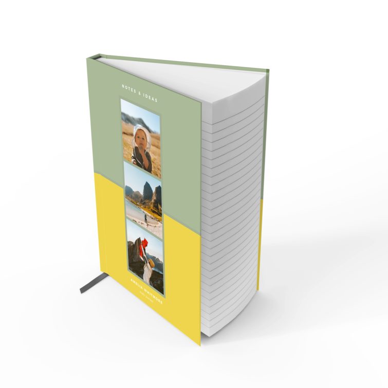 Personalised notebooks with a three-photo design and colourful cover by Utterly Printable