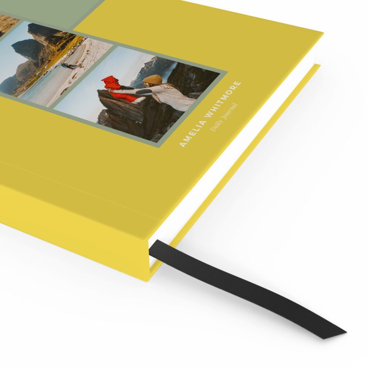 Personalised notebooks with a three-photo design and colourful cover by Utterly Printable