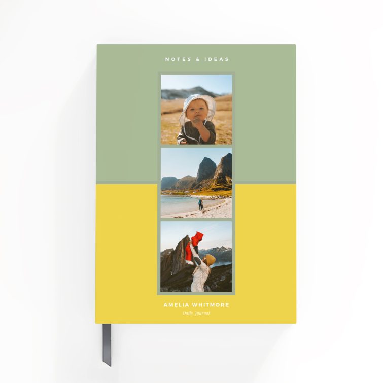 Personalised notebooks with a three-photo design and colourful cover by Utterly Printable