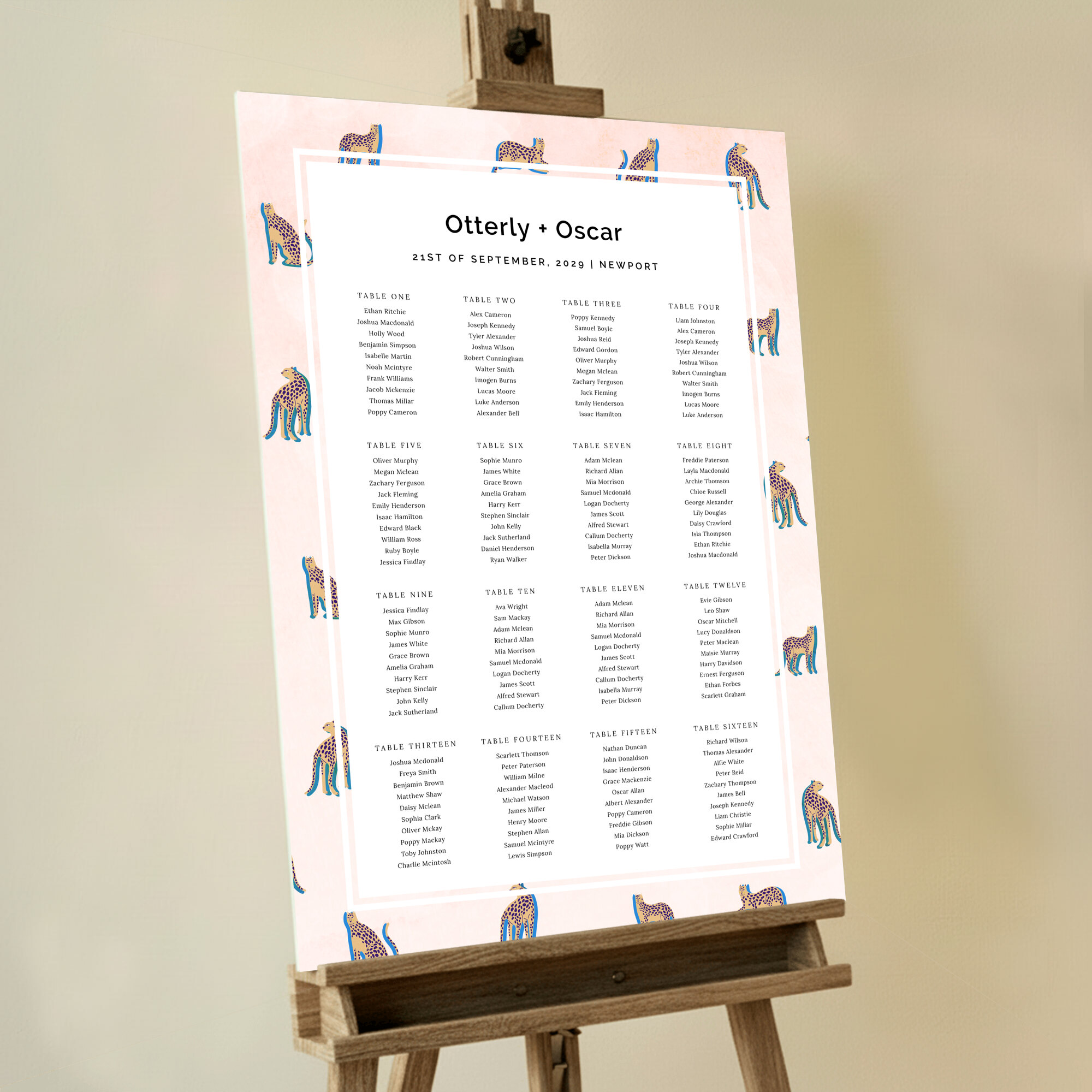 Personalized Leopard Chic Seating Plans featuring modern and quirky leopard illustrations on a light pink background with blue and orange detailing, adding a touch of adventurous sophistication to your wedding celebration.. This one shows 16 tables.