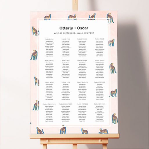 Personalized Leopard Chic Seating Plans featuring modern and quirky leopard illustrations on a light pink background with blue and orange detailing, adding a touch of adventurous sophistication to your wedding celebration.. This one shows 16 tables.