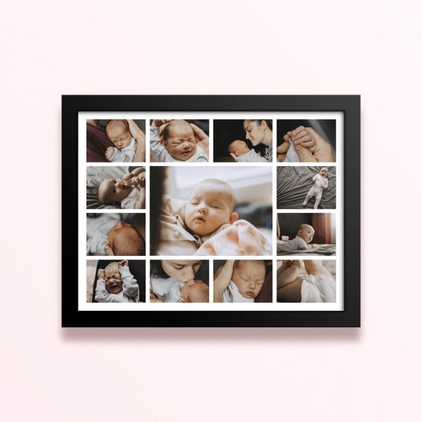 Simple framed prints designs featuring fourteen photos of a baby.