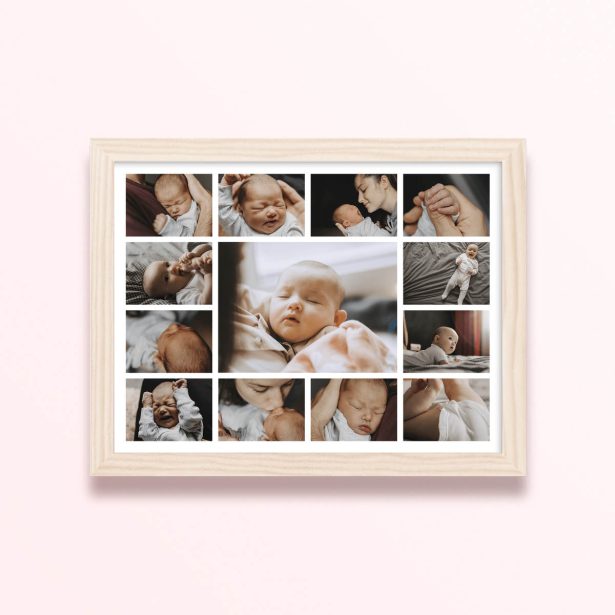 Simple framed prints designs featuring fourteen photos of a baby.