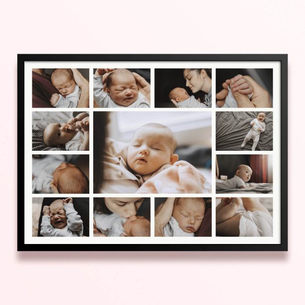 Simple framed prints designs featuring fourteen photos of a baby.