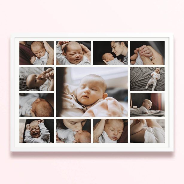 Simple framed prints designs featuring fourteen photos of a baby.
