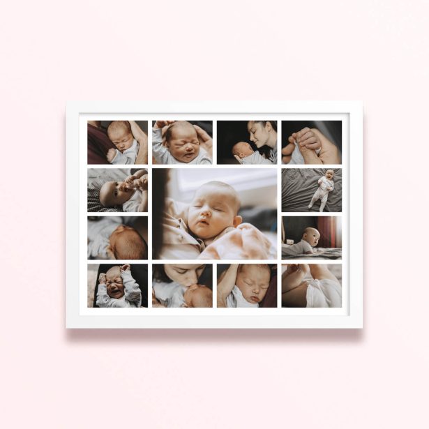 Simple framed prints designs featuring fourteen photos of a baby.