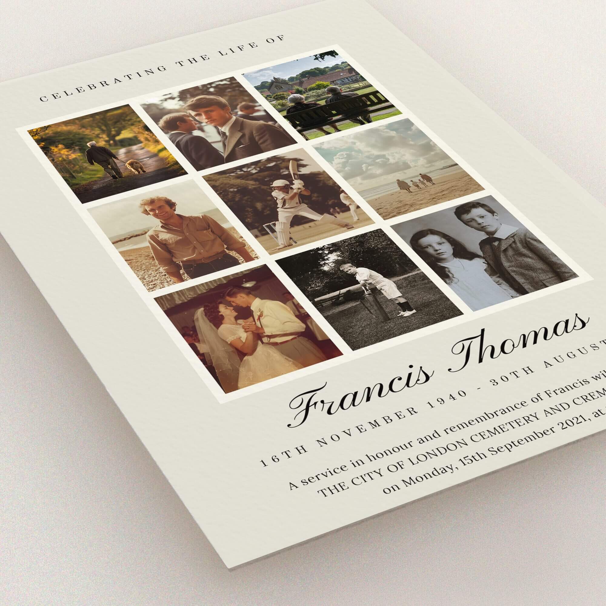 Funeral announcement design with nine photos for a personalised memorial card.