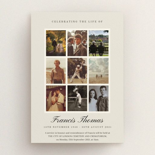 Funeral announcement design with nine photos for a personalised memorial card.