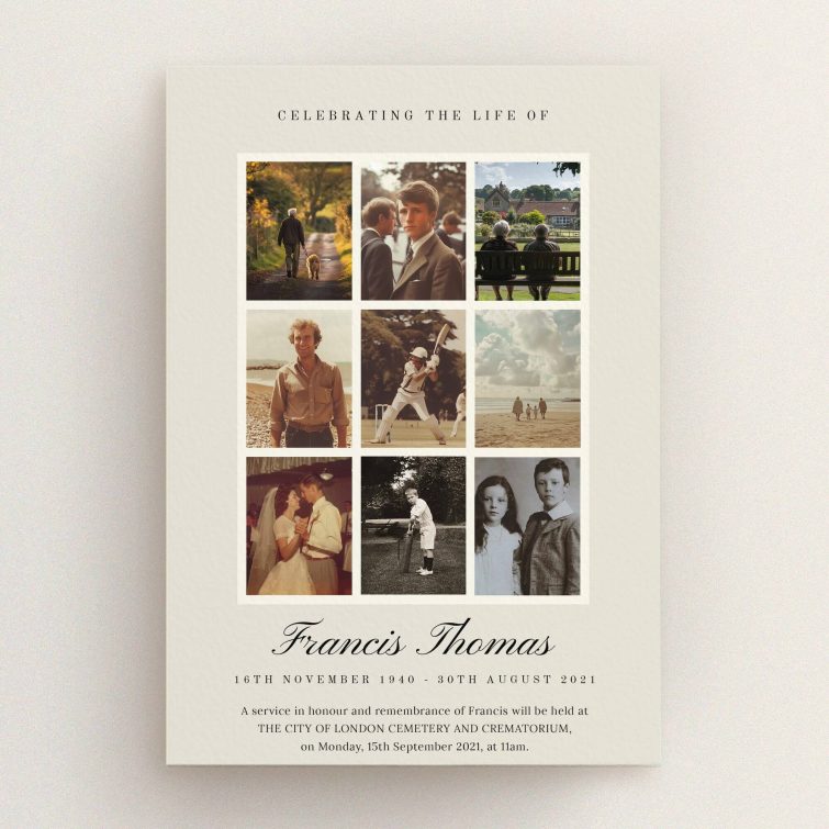 Funeral announcement design with nine photos for a personalised memorial card.