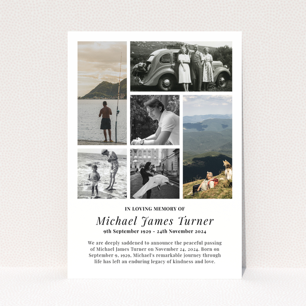 Funeral announcement design with six photos for memorial service.